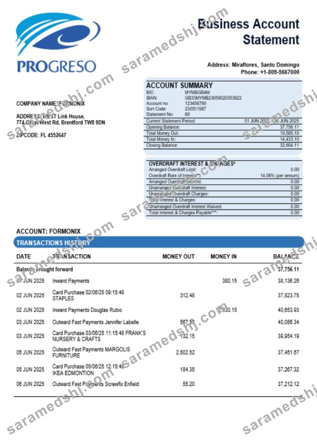 Progreso business account statement Word and PDF template
